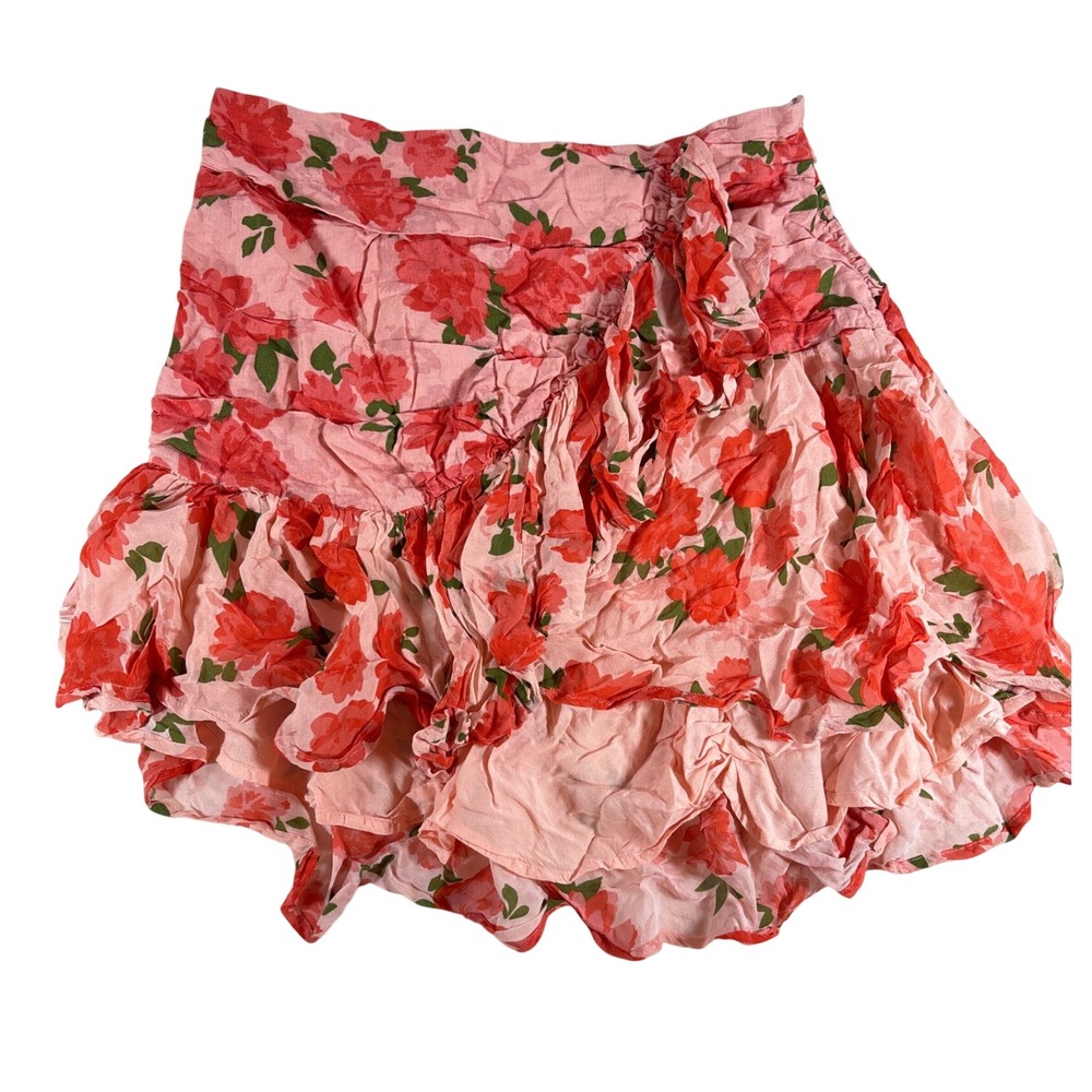 Maeve Anthropologie Floral Ruffle Mini Skort Pink Red Rose Linen Blend Size 12 - Picture 3 of 8